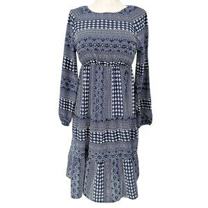Emery Rose Dress Womens L Bohemian Navy and White Floral Print Long Sleeve